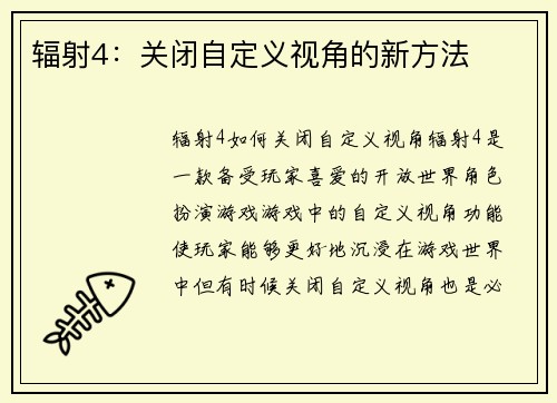辐射4：关闭自定义视角的新方法